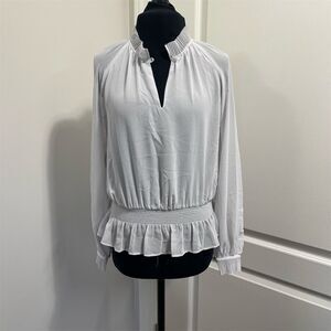 Ann Taylor Petite Women's Blouse XXSP Gray Mock Neck Long Sleeve Top Work Sheer